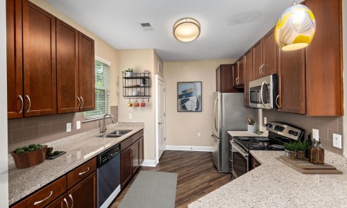 kitchen with ample counter-space, modern appliances and bright lighting