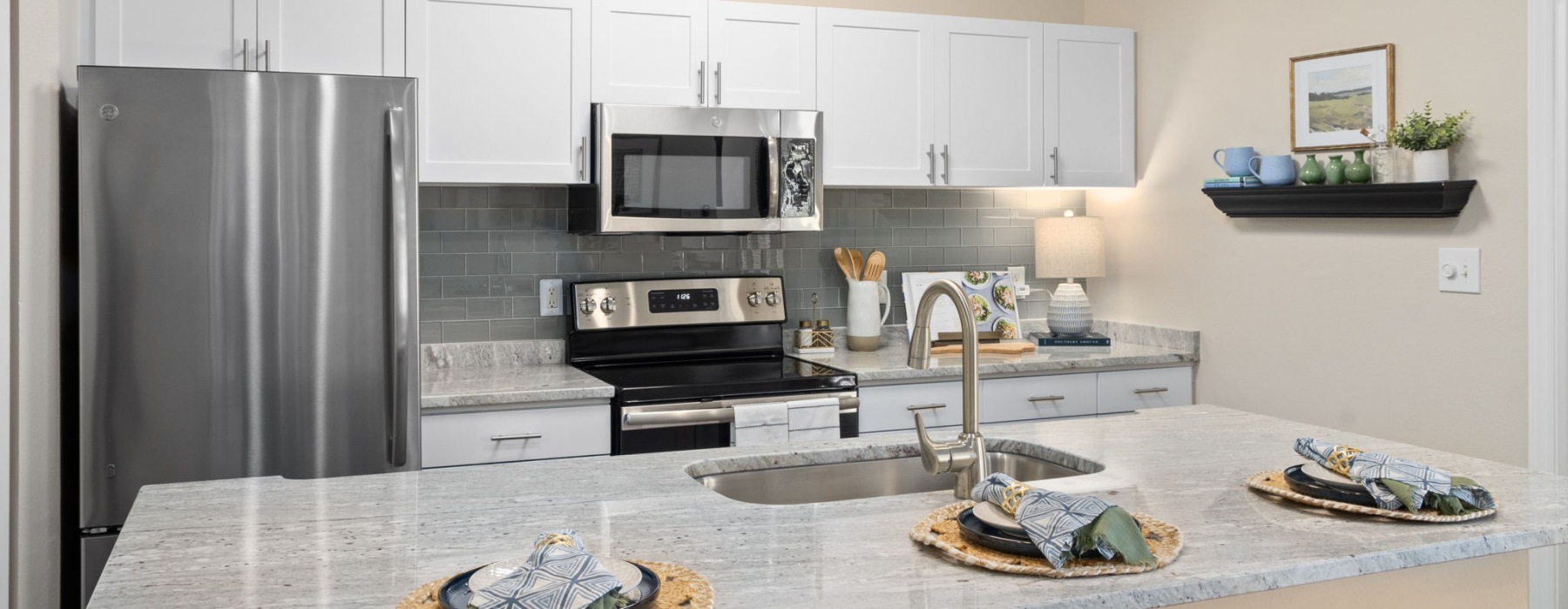 Spacious living area at The Morgan Apartments in Chapel Hill with stainless steel kitchen appliances and elegant granite countertops