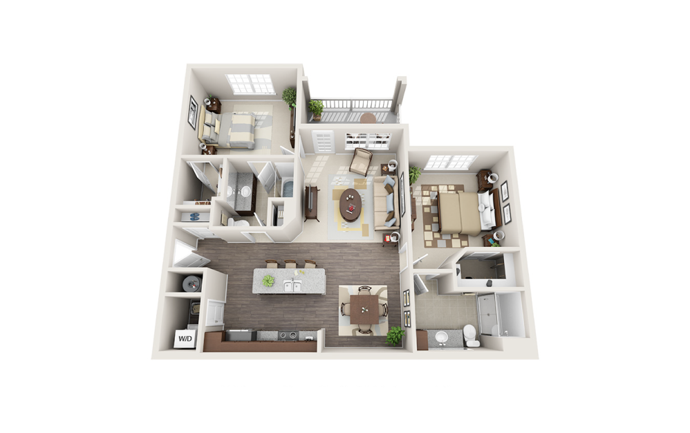 B1 - 2 bedroom floorplan layout with 2 bathrooms and 1186 square feet