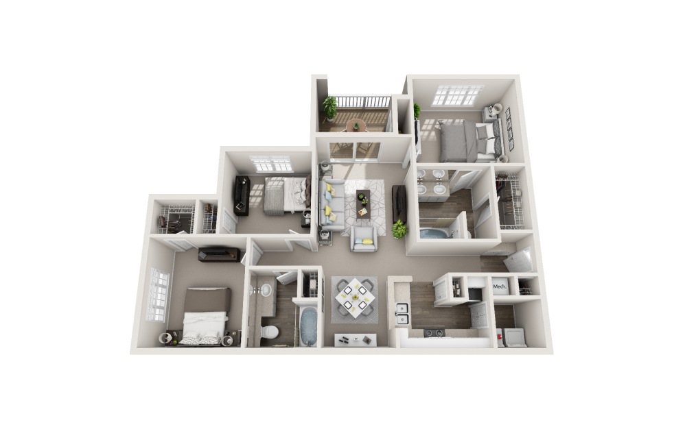 Cardinal - 3 bedroom floorplan layout with 2 bathrooms and 1343 square feet