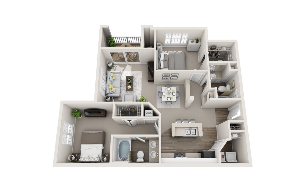 Starling - 2 bedroom floorplan layout with 2 bathrooms and 1125 square feet